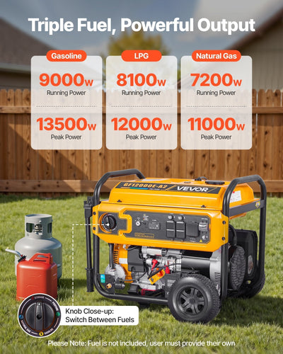 VEVOR GF12000E-A2 Tri-Fuel Portable Generator, 13,500W Peak Output