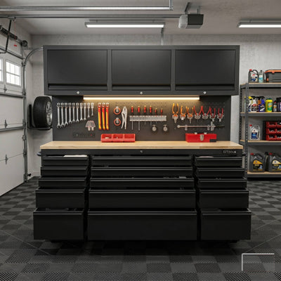 GT7218 72-Inch Rolling Tool Chest with Wood Workbench, LED Light, Power Strip & Upper Cabinets – Black