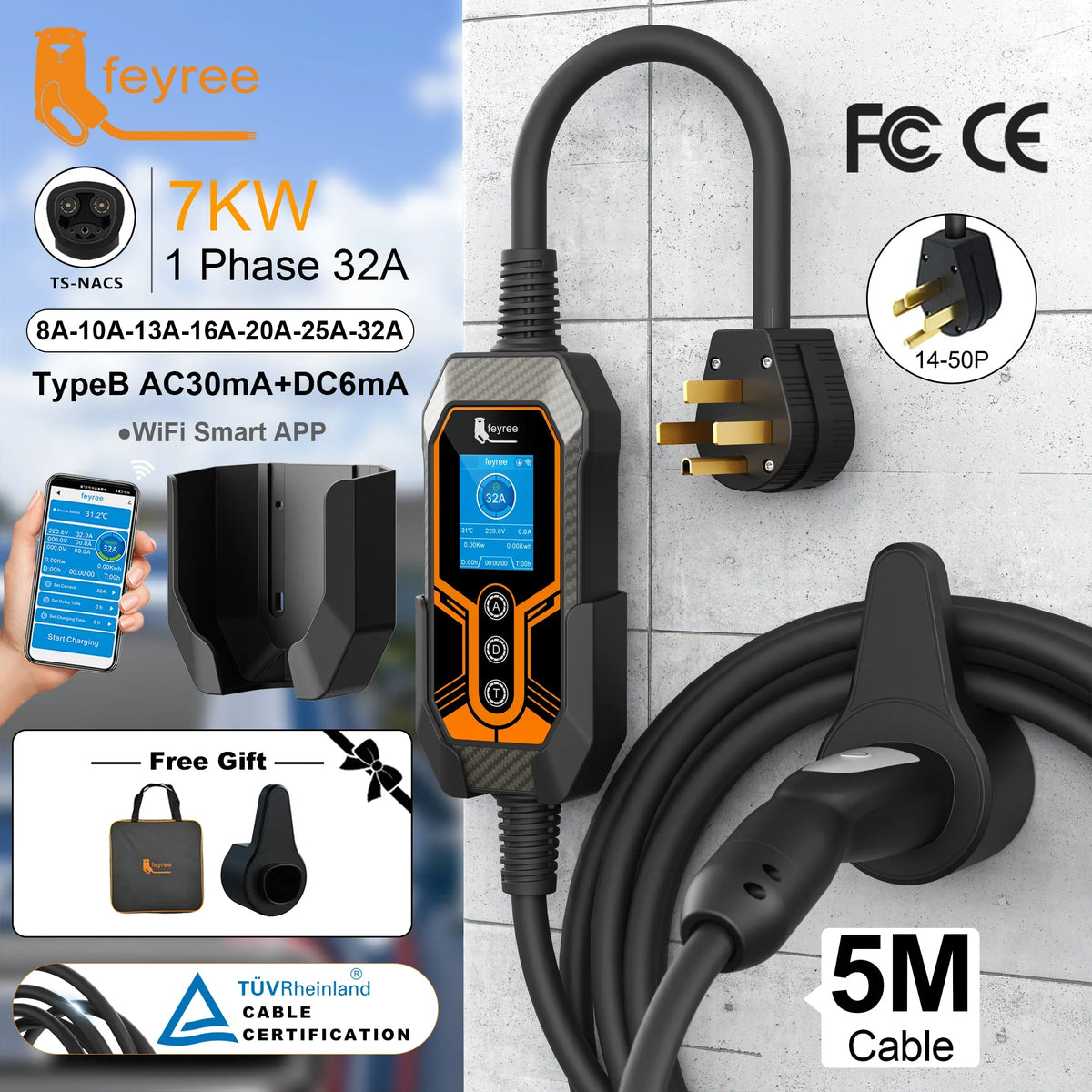 feyree TS-NACS 7kW Portable EV Charger, 32A, Smart App Control