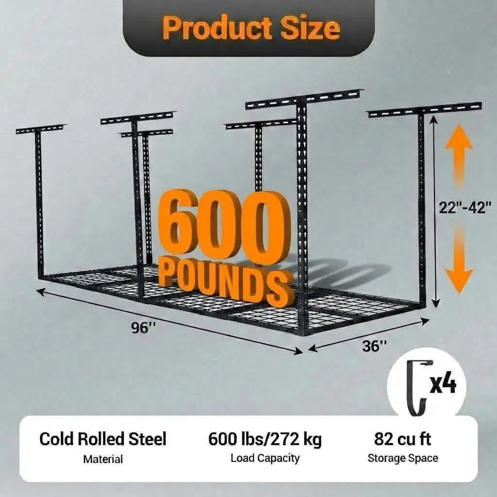 Acekool 3 x 8 Ft Adjustable Garage Ceiling Storage Rack – 600 lb Capacity