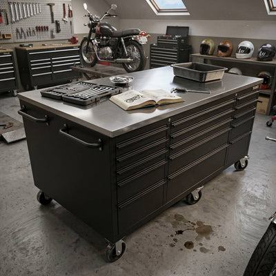 71 x 39 in Garage Island Workbench with Stainless Steel Top, 15 Drawers & 3 Cupboards