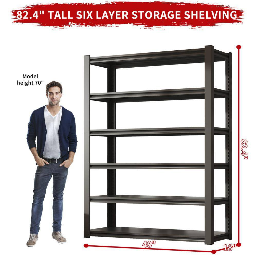 82 In. H 6-Tier Metal Shelve, 2400 Lbs. Heavy Duty Storage Shelve, Adjustable Garage Shelf Industrial Utility Rack-Black