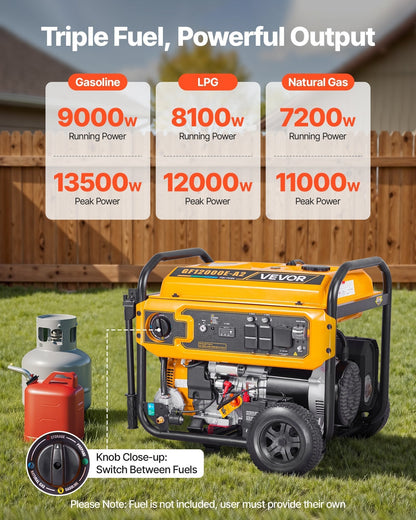 VEVOR GF12000E-A2 Tri-Fuel Portable Generator, 13,500W Peak Output