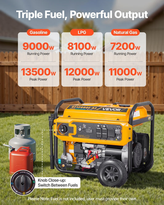 VEVOR GF12000E-A2 Tri-Fuel Portable Generator, 13,500W Peak Output