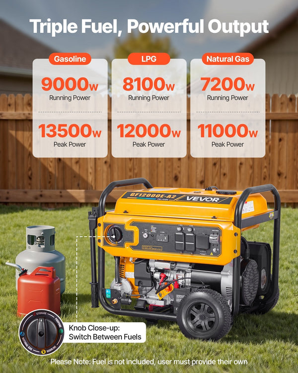 VEVOR GF12000E-A2 Tri-Fuel Portable Generator, 13,500W Peak Output