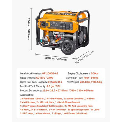 VEVOR GF12000E-A2 Tri-Fuel Portable Generator, 13,500W Peak Output