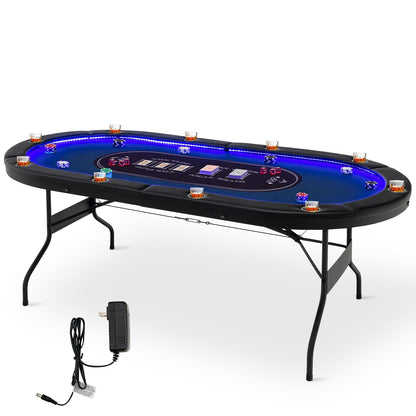 10-Player Folding Poker Table with LED Lights, USB Ports & 10 Cup Holders