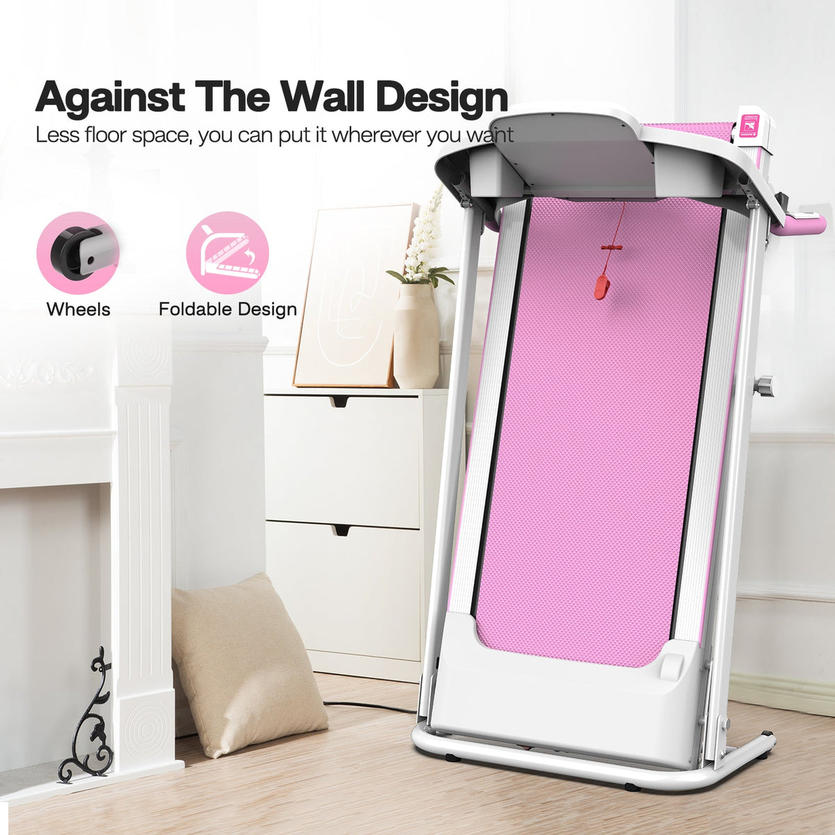 Foldable Electric Treadmill 2.5 HP, 265 lb Capacity, Pink and White