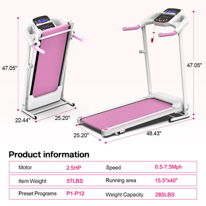 Foldable Electric Treadmill 2.5 HP, 265 lb Capacity, Pink and White