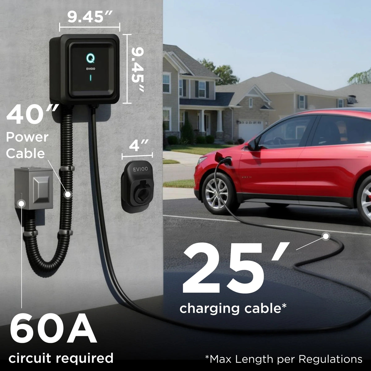 EVIQO Level 2 EV Charger, 48A 11.5 kW, Hardwired, SAE J1772