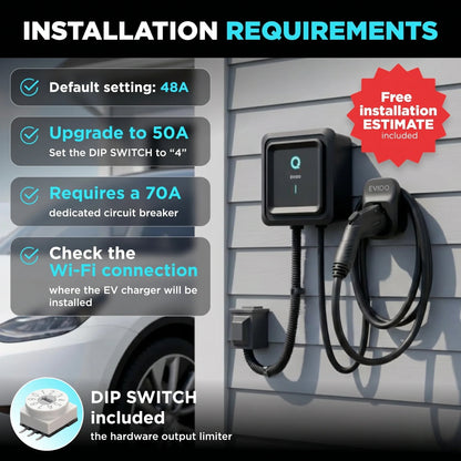 EVIQO Level 2 EV Charger, 48A 11.5 kW, Hardwired, SAE J1772