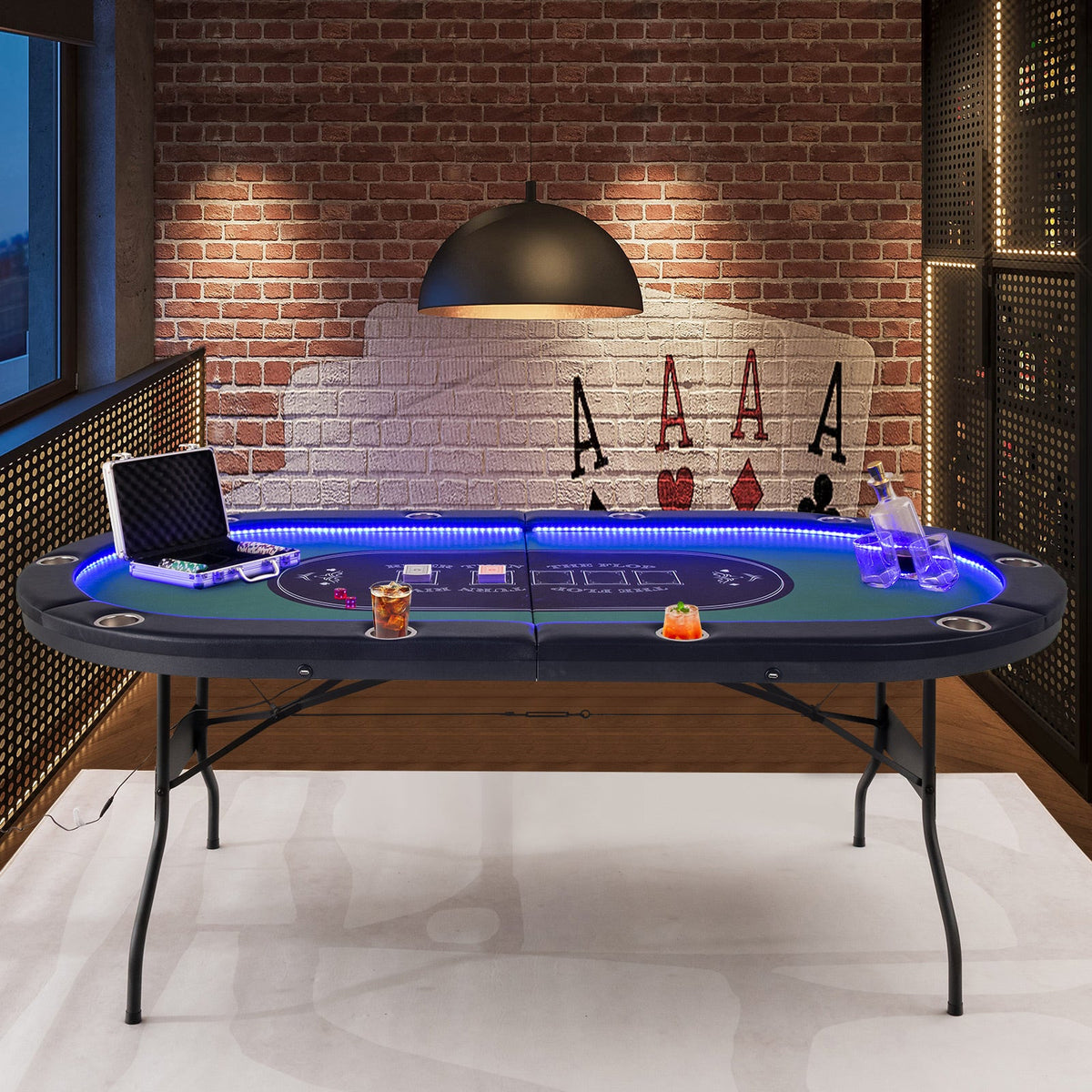 10-Player Folding Poker Table with LED Lights, USB Ports & 10 Cup Holders