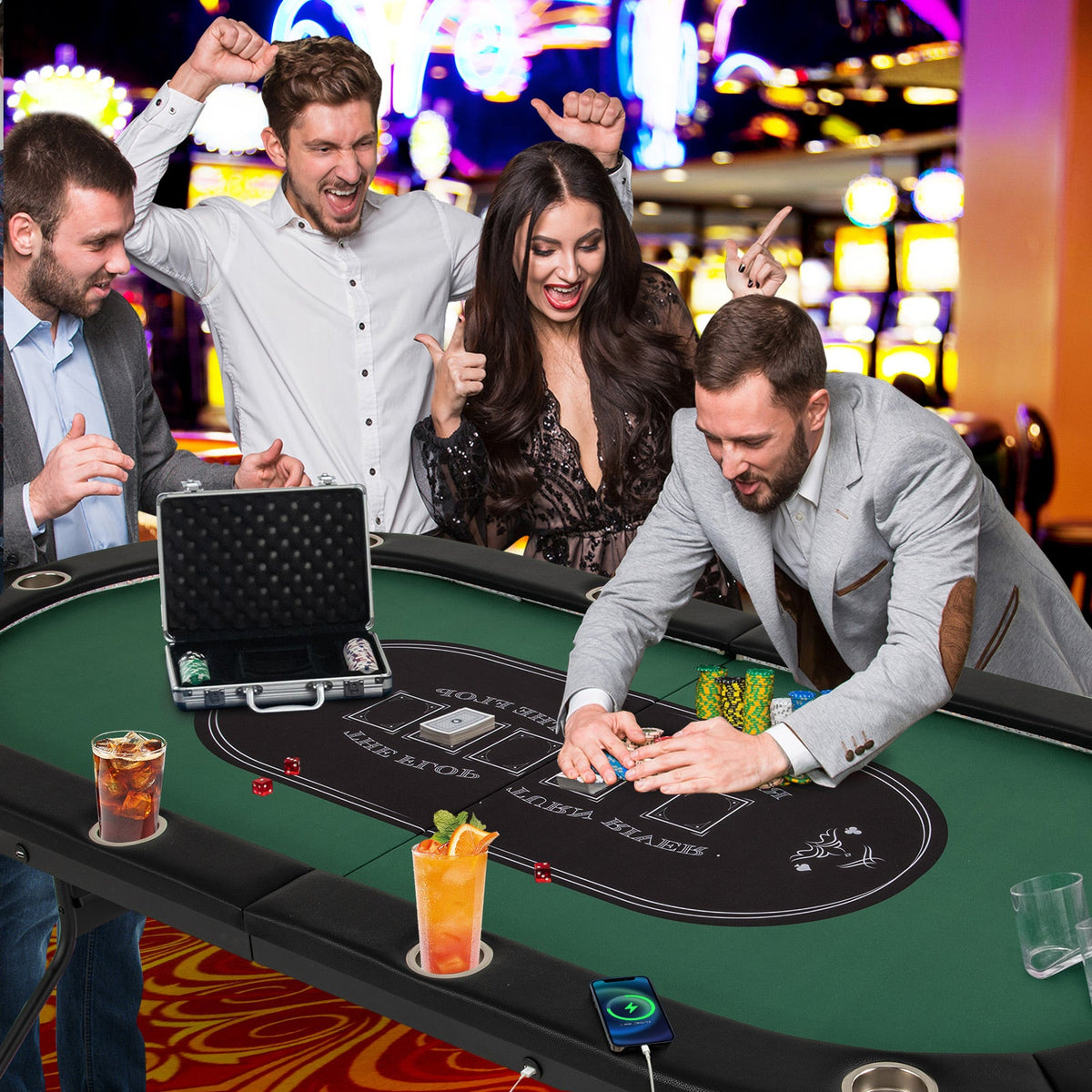 10-Player Folding Poker Table with LED Lights, USB Ports & 10 Cup Holders