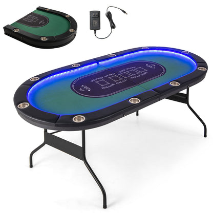 10-Player Folding Poker Table with LED Lights, USB Ports & 10 Cup Holders