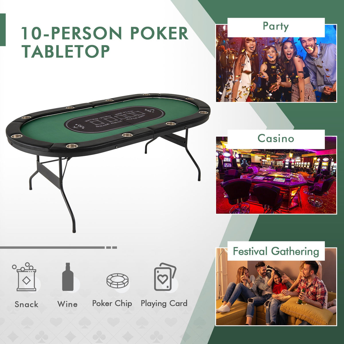 10-Player Folding Poker Table with LED Lights, USB Ports & 10 Cup Holders