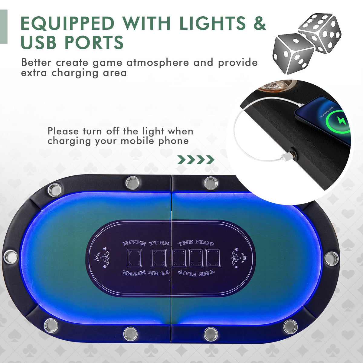 10-Player Folding Poker Table with LED Lights, USB Ports & 10 Cup Holders