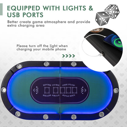 10-Player Folding Poker Table with LED Lights, USB Ports & 10 Cup Holders