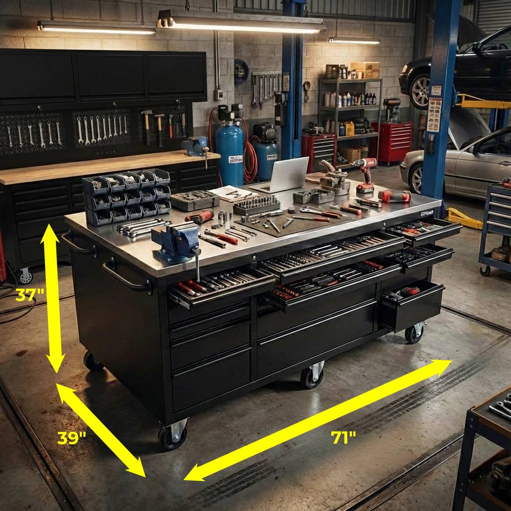 71 x 39 in Garage Island Workbench with Stainless Steel Top, 15 Drawers & 3 Cupboards