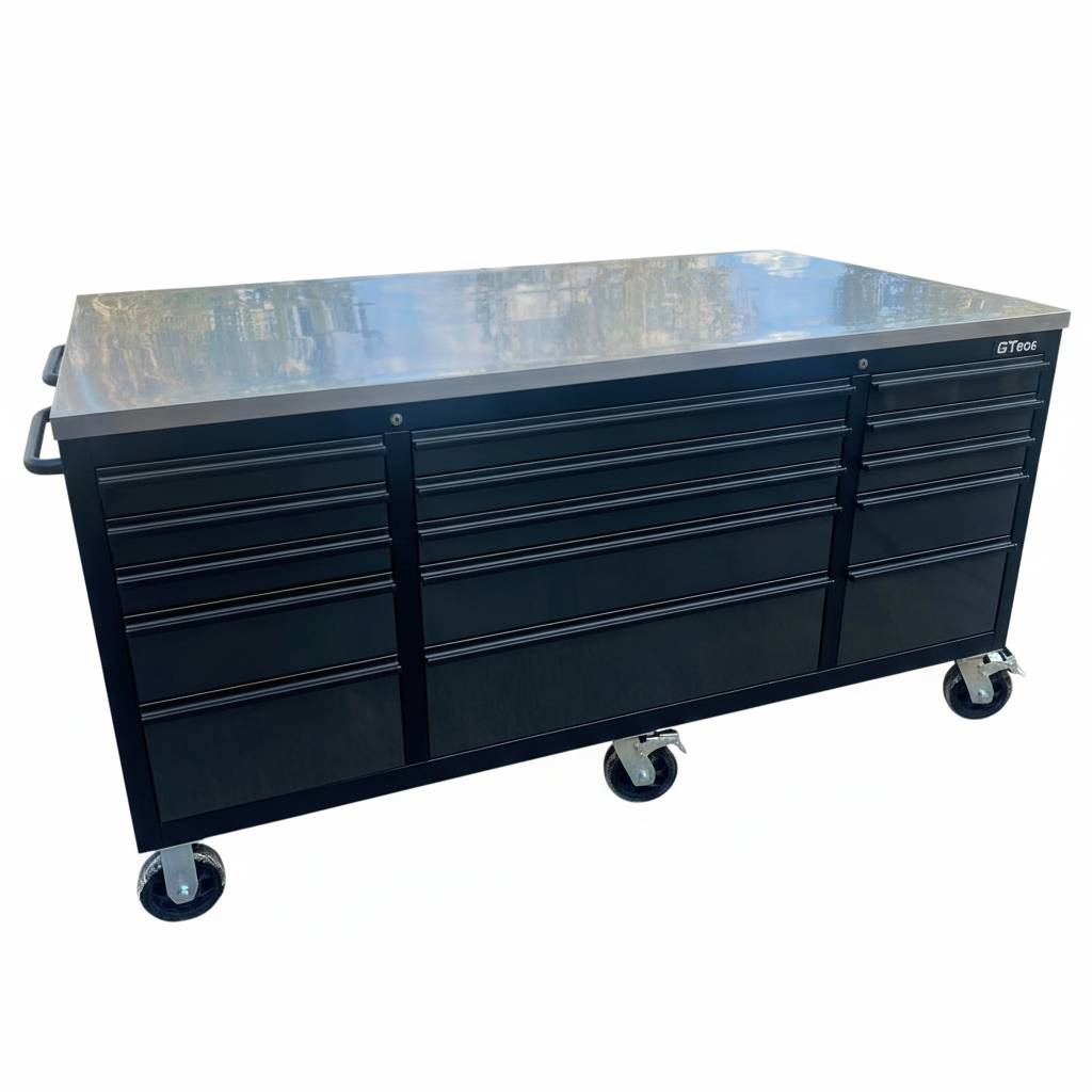 71 x 39 in Garage Island Workbench with Stainless Steel Top, 15 Drawers & 3 Cupboards