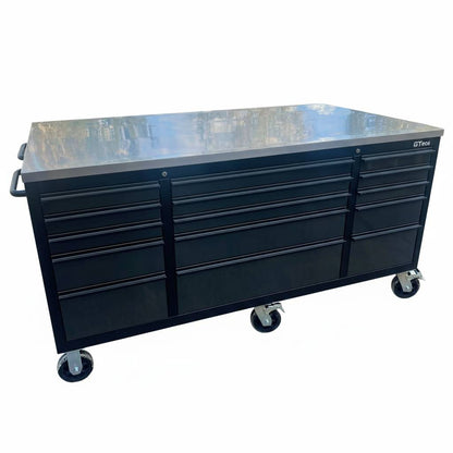 71 x 39 in Garage Island Workbench with Stainless Steel Top, 15 Drawers & 3 Cupboards