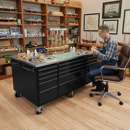 71 x 39 in Garage Island Workbench with Stainless Steel Top, 15 Drawers & 3 Cupboards