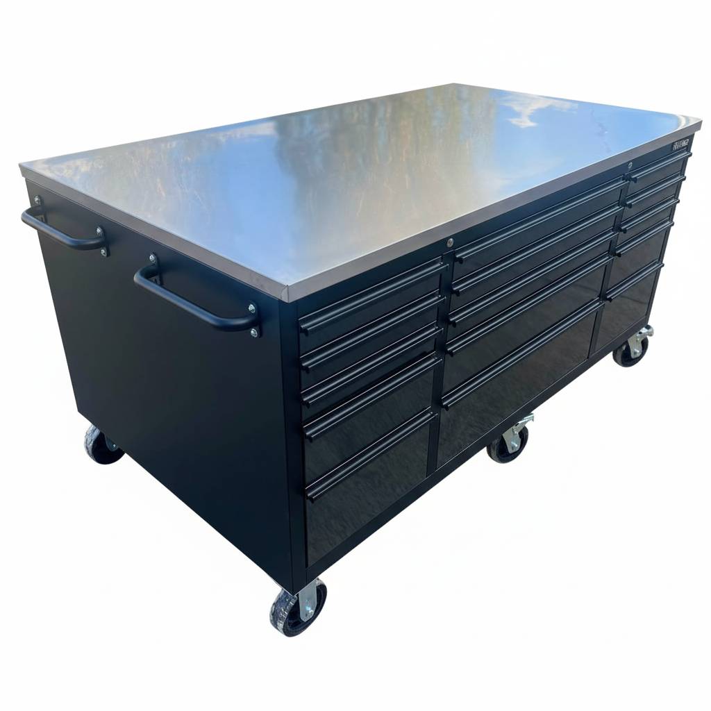 71 x 39 in Garage Island Workbench with Stainless Steel Top, 15 Drawers & 3 Cupboards