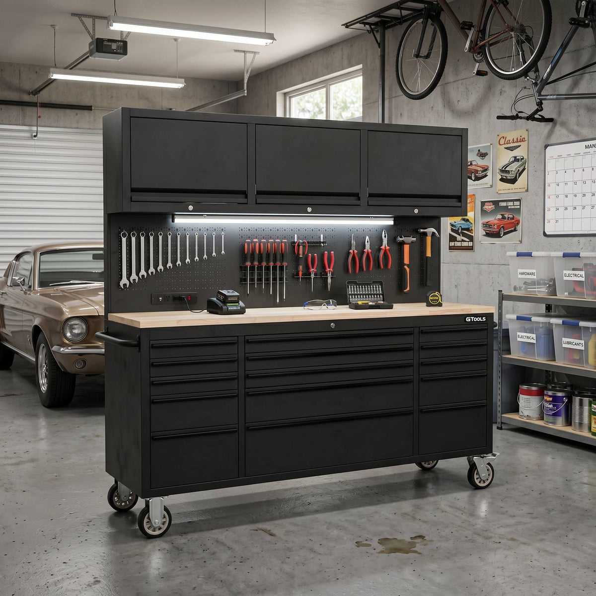 GT7218 72-Inch Rolling Tool Chest with Wood Workbench, LED Light, Power Strip & Upper Cabinets – Black