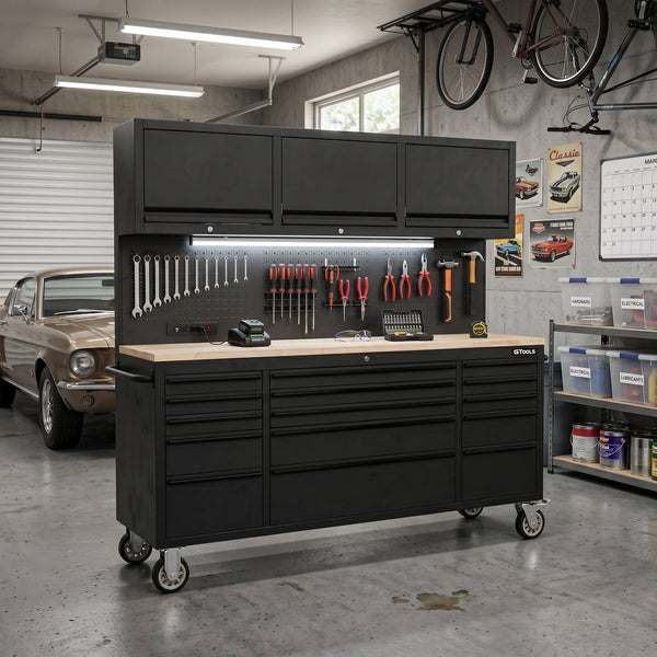 GT7218 72-Inch Rolling Tool Chest with Wood Workbench, LED Light, Power Strip & Upper Cabinets – Black