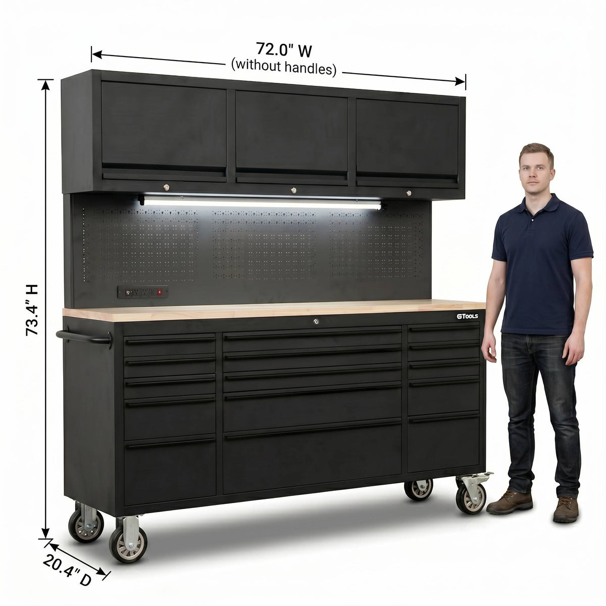 GT7218 72-Inch Rolling Tool Chest with Wood Workbench, LED Light, Power Strip & Upper Cabinets – Black