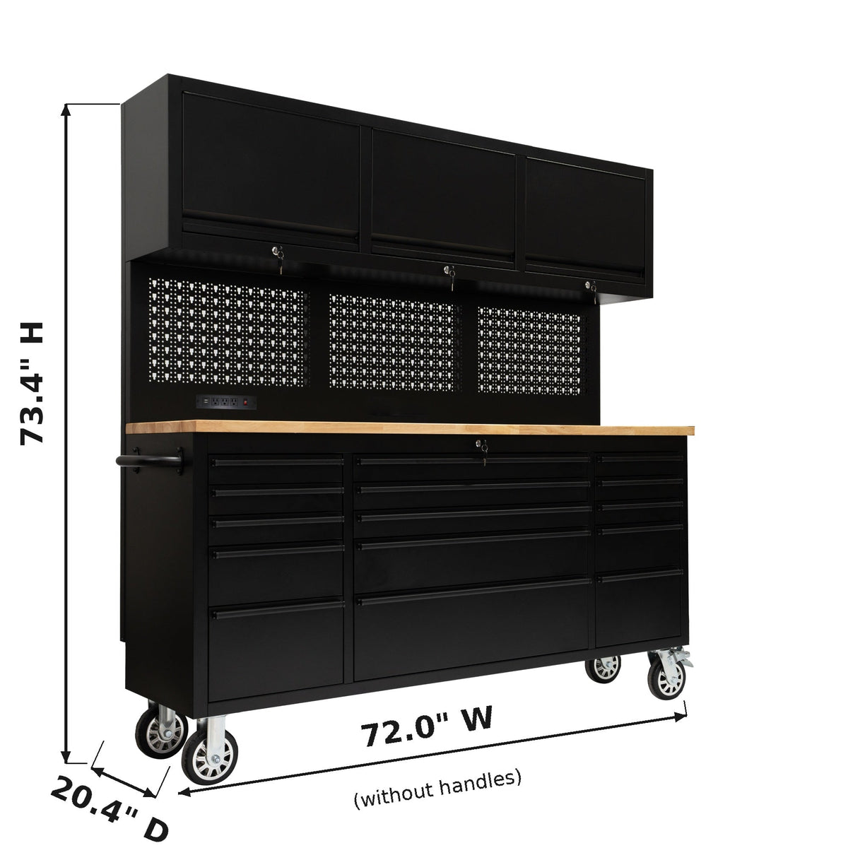 GT7218 72-Inch Rolling Tool Chest with Wood Workbench, LED Light, Power Strip & Upper Cabinets – Black