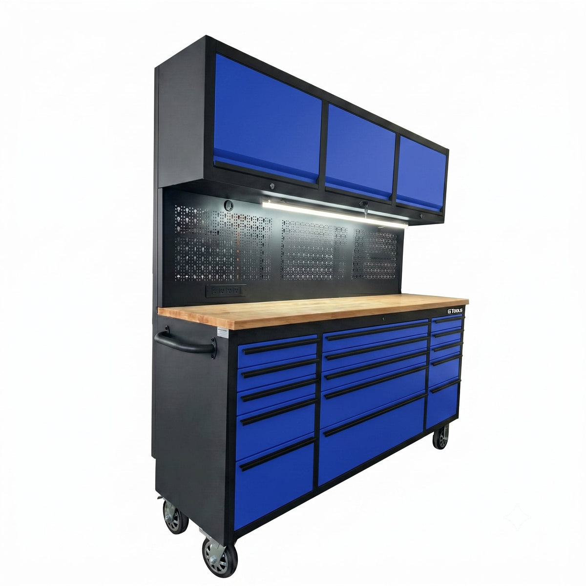 GT7218 72-Inch Rolling Tool Chest with Wood Workbench, LED Light, Power Strip & Upper Cabinets – Black