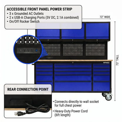 GT7218 72-Inch Rolling Tool Chest with Wood Workbench, LED Light, Power Strip & Upper Cabinets – Black