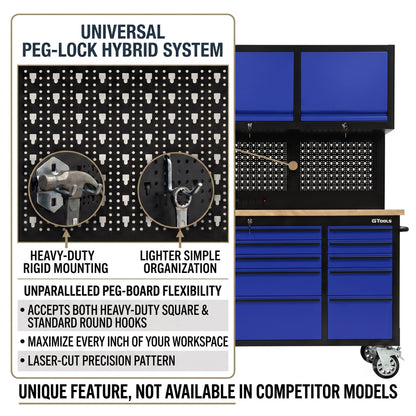 GT7218 72-Inch Rolling Tool Chest with Wood Workbench, LED Light, Power Strip & Upper Cabinets – Black