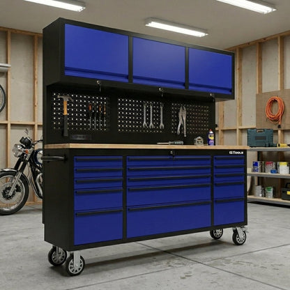 GT7218 72-Inch Rolling Tool Chest with Wood Workbench, LED Light, Power Strip & Upper Cabinets – Black