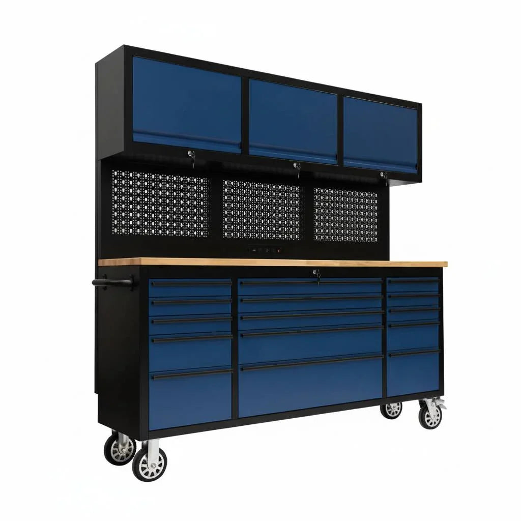GT7218 72-Inch Rolling Tool Chest with Wood Workbench, LED Light, Power Strip & Upper Cabinets – Black