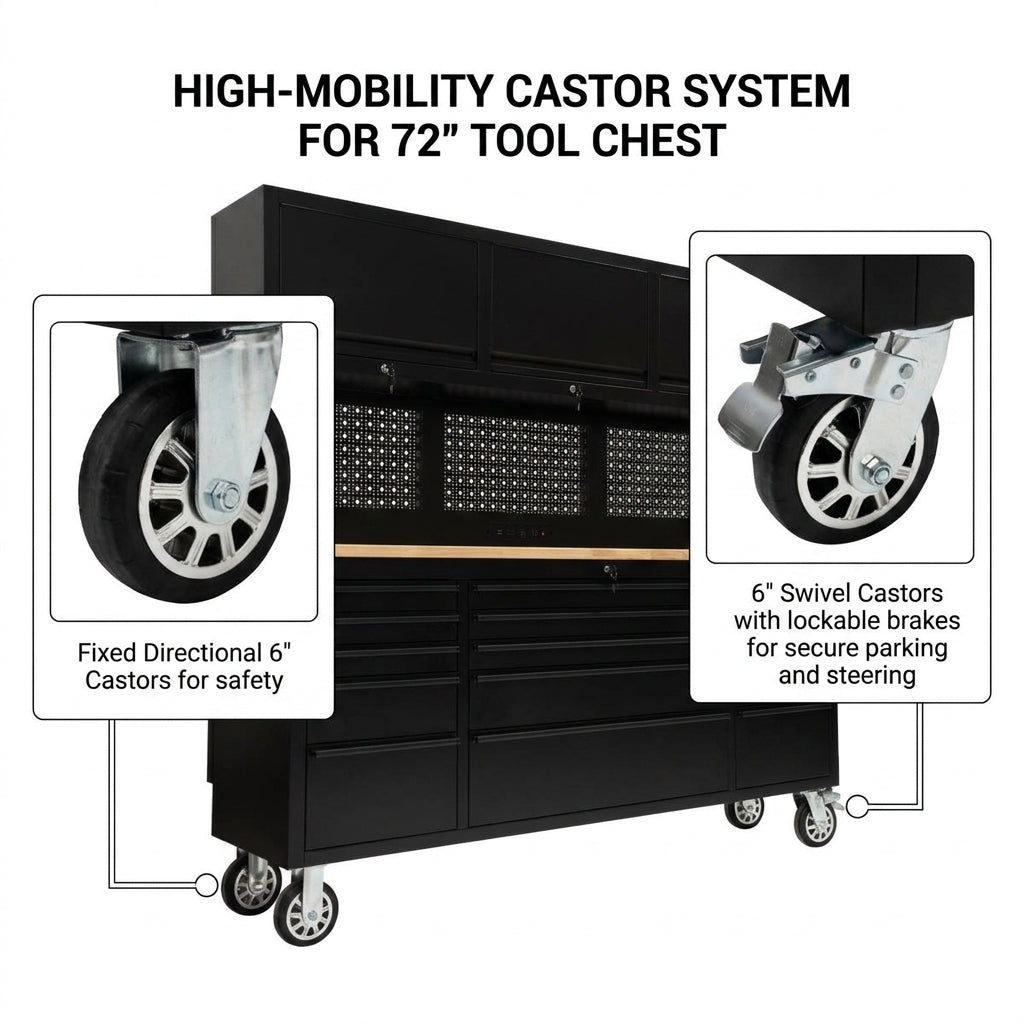 GT7218 72-Inch Rolling Tool Chest with Wood Workbench, LED Light, Power Strip & Upper Cabinets – Black