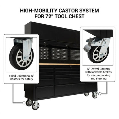 GT7218 72-Inch Rolling Tool Chest with Wood Workbench, LED Light, Power Strip & Upper Cabinets – Black