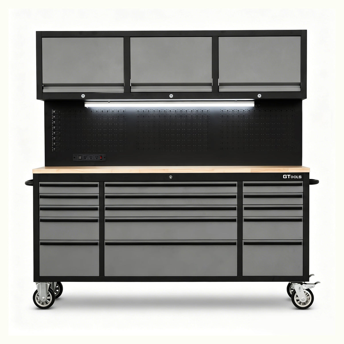 GT7218 72-Inch Rolling Tool Chest with Wood Workbench, LED Light, Power Strip & Upper Cabinets – Black