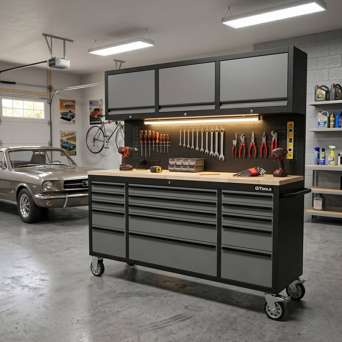 GT7218 72-Inch Rolling Tool Chest with Wood Workbench, LED Light, Power Strip & Upper Cabinets – Black