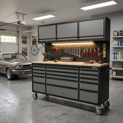 GT7218 72-Inch Rolling Tool Chest with Wood Workbench, LED Light, Power Strip & Upper Cabinets – Black