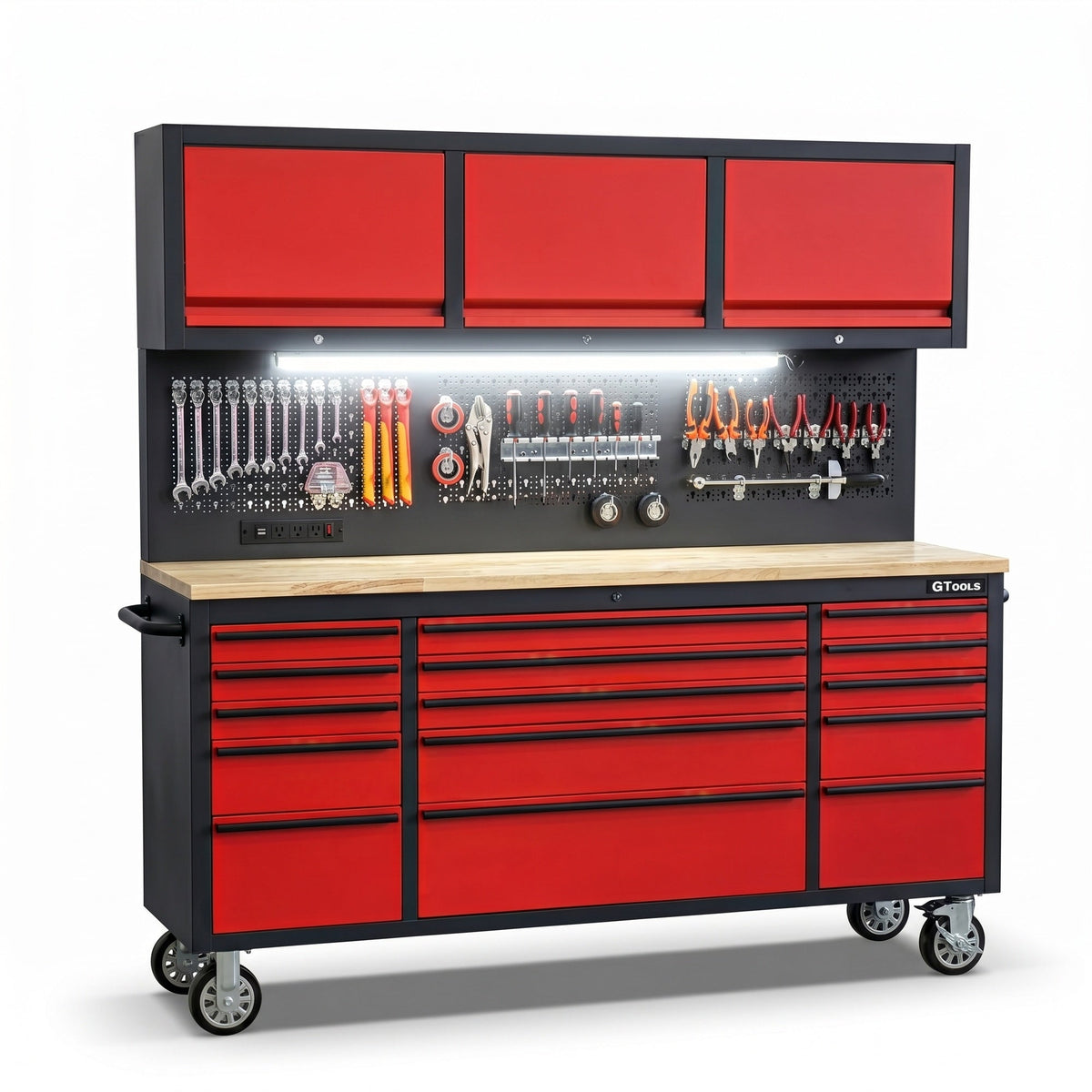 GT7218 72-Inch Rolling Tool Chest with Wood Workbench, LED Light, Power Strip & Upper Cabinets – Black