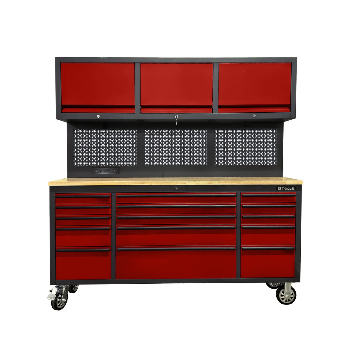 GT7218 72-Inch Rolling Tool Chest with Wood Workbench, LED Light, Power Strip & Upper Cabinets – Black