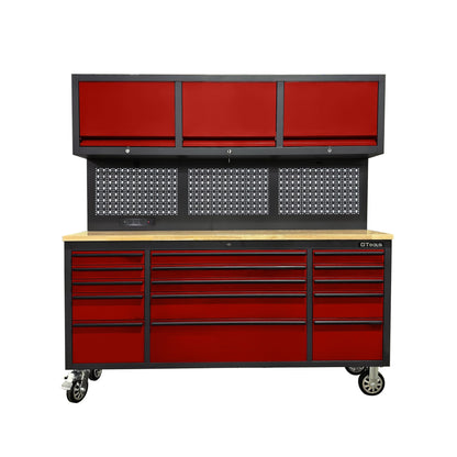 GT7218 72-Inch Rolling Tool Chest with Wood Workbench, LED Light, Power Strip & Upper Cabinets – Black