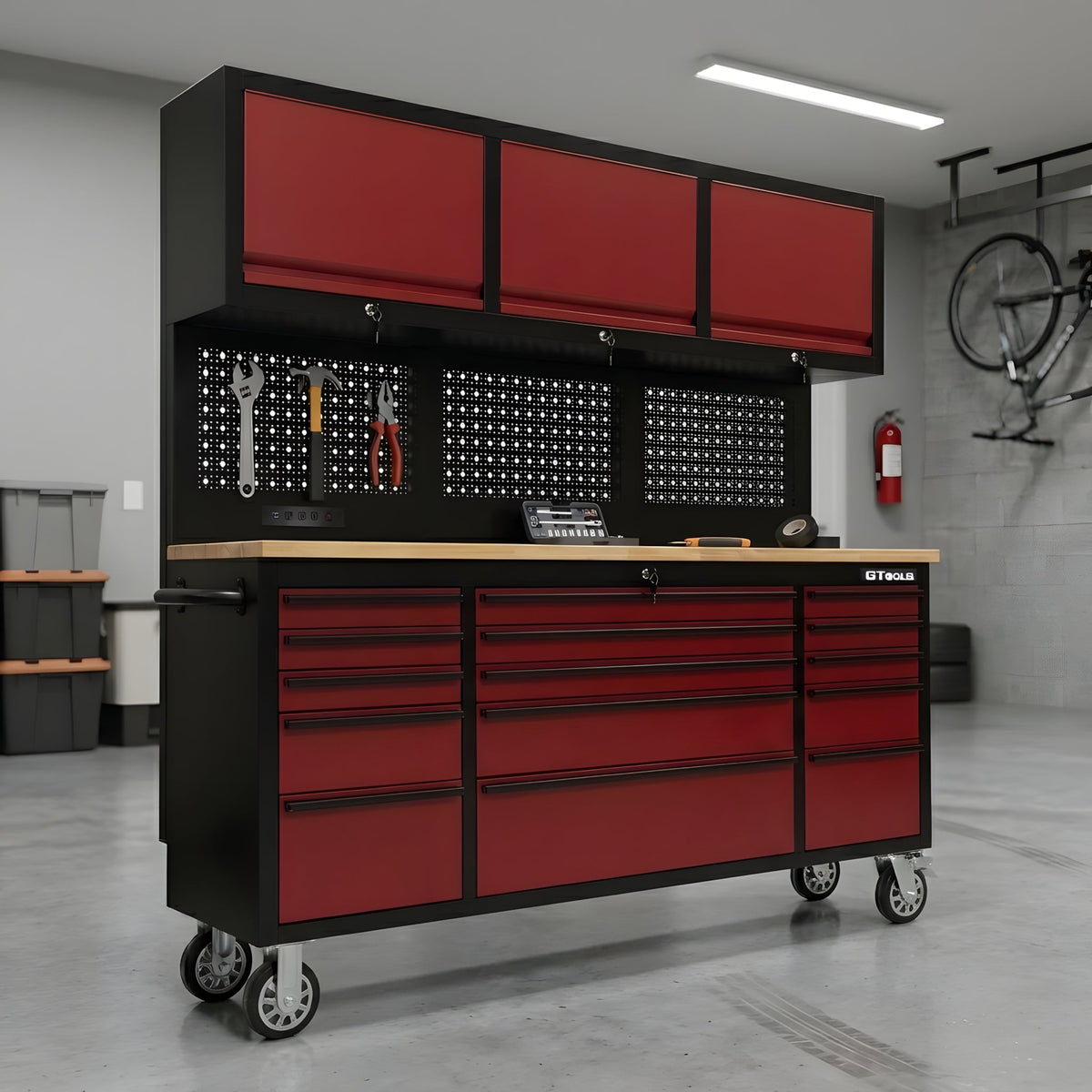 GT7218 72-Inch Rolling Tool Chest with Wood Workbench, LED Light, Power Strip & Upper Cabinets – Black