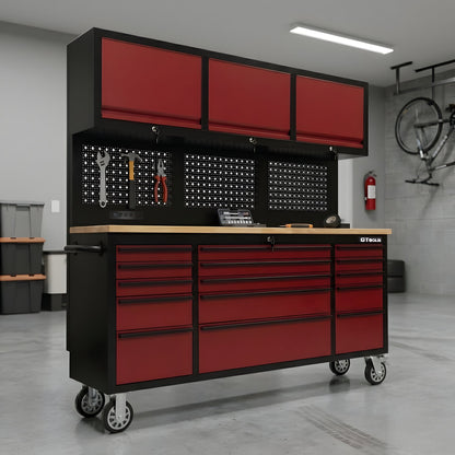 GT7218 72-Inch Rolling Tool Chest with Wood Workbench, LED Light, Power Strip & Upper Cabinets – Black