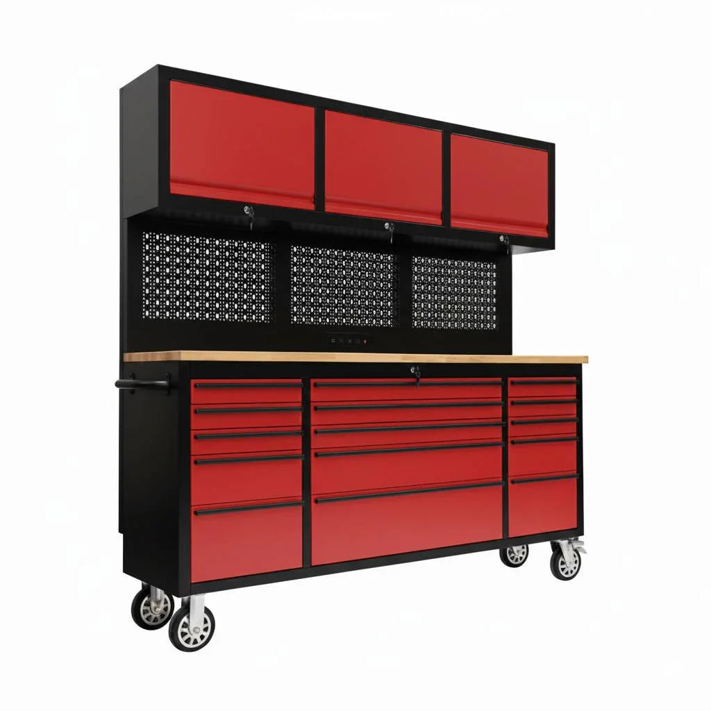 GT7218 72-Inch Rolling Tool Chest with Wood Workbench, LED Light, Power Strip & Upper Cabinets – Black