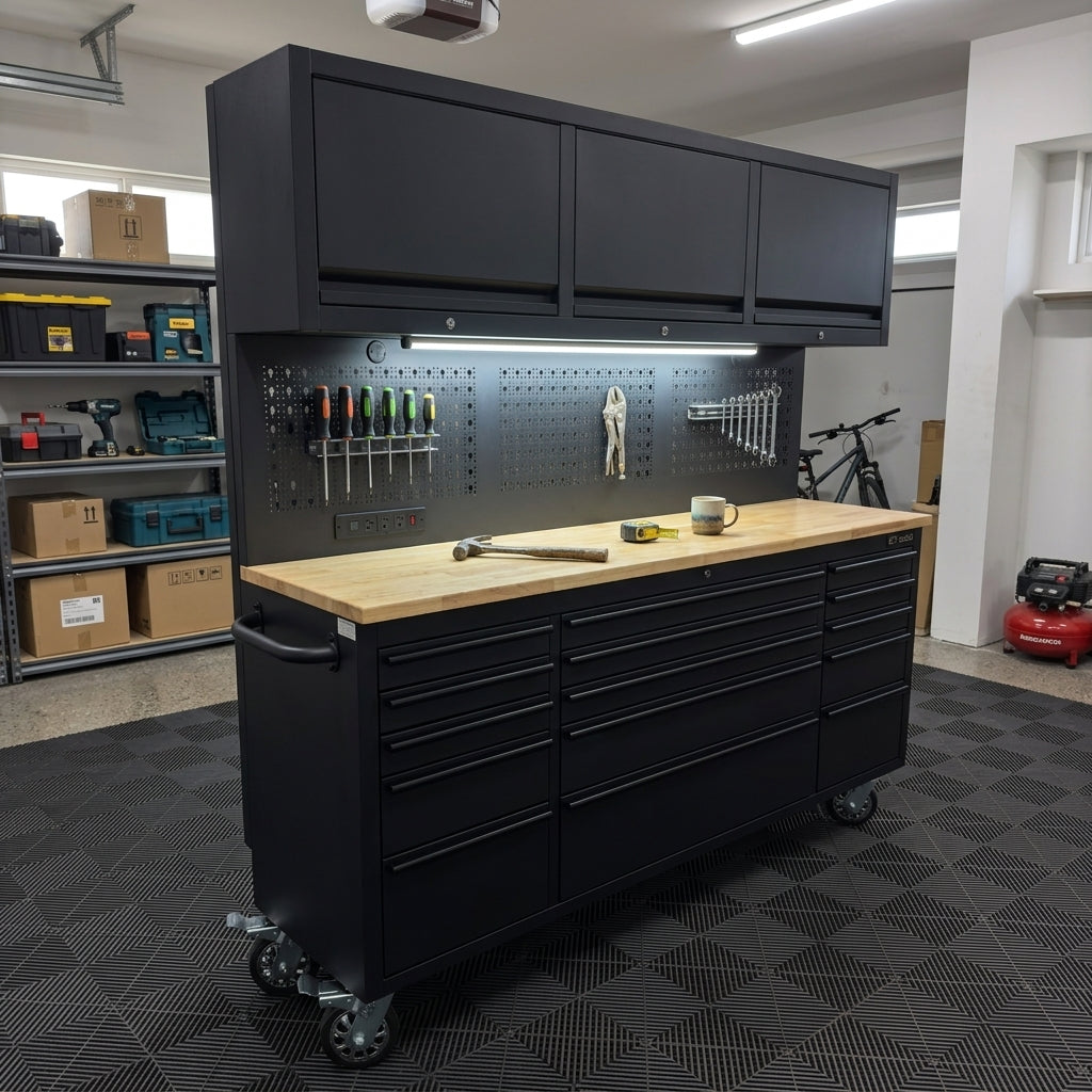 GT7218 72-Inch Rolling Tool Chest with Wood Workbench, LED Light, Power Strip & Upper Cabinets – Black