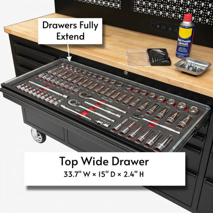 GT7218 72-Inch Rolling Tool Chest with Wood Workbench, LED Light, Power Strip & Upper Cabinets – Black