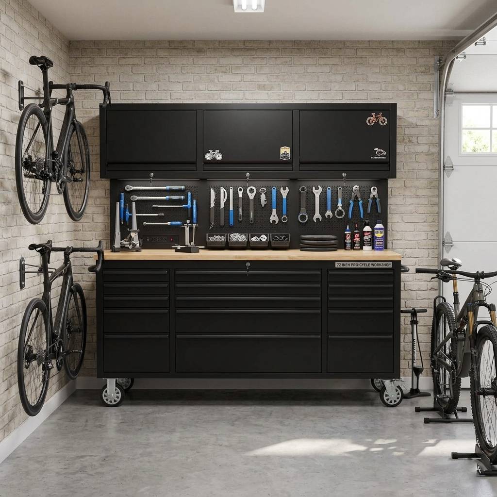 GT7218 72-Inch Rolling Tool Chest with Wood Workbench, LED Light, Power Strip & Upper Cabinets – Black