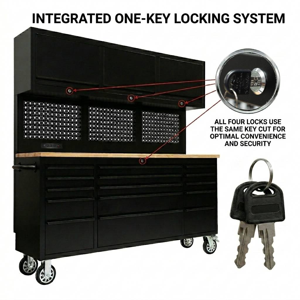 GT7218 72-Inch Rolling Tool Chest with Wood Workbench, LED Light, Power Strip & Upper Cabinets – Black